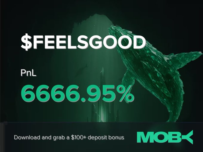 A promotional Moby Mobile advertisement featuring a dark green background with an image of a whale, displaying the $FEELSGOOD ticker with a PnL of 6666.95%, along with a "$100+ deposit bonus" offer, directly celebrating the trader's massive 6666.95% gain highlighted in the accompanying win alert post.