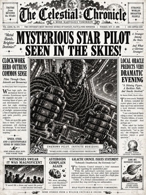 A vintage-style newspaper titled 'The Celestial Chronicle' with the headline 'MYSTERIOUS STAR PILOT SEEN IN THE SKIES!' featuring an illustration of an armored figure.