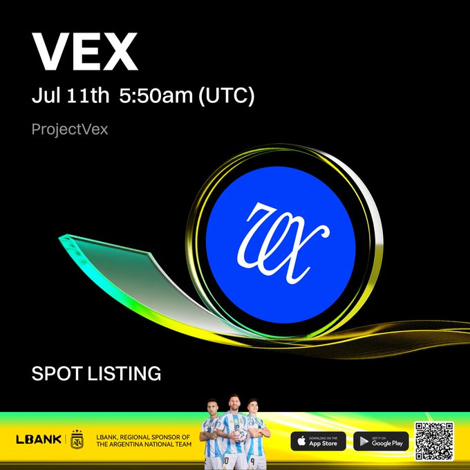 This image announces that $VEX (ProjectVex) will have a spot listing on LBank on July 11th at 5:50 am (UTC), featuring their logo and the Argentina national team as LBank's regional sponsor.