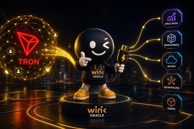 A promotional graphic for Wink Oracle, featuring a black mascot character holding a power plug, alongside a TRON logo and icons for Price Feeds, Randomness, AnyAPI, Decentralized, and Dapps.