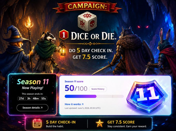 The image features a poster for a video game called "Campaign: Dice or Die" with a group of characters, including a witch, a gnome, and a dragon. The poster includes information about the game's rating system and a list of tasks that players can complete to earn points. The text on the poster reads "Campaign: Dice or Die", "Season 11", "Complete bonus tasks", "Do 5 day check in Get 7.5 Score Check Score: portal.soneium.org @StartaleApp #dice-or-die Link: app.startale.com/miniapps#dice- …" and "@Nielre_1". The poster also includes a list of tasks that players can complete to earn points, such as completing a 5 day check in or scoring 7.5 points on the game's leaderboard.