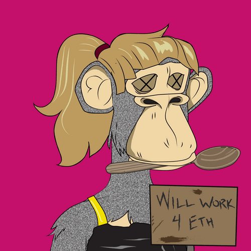 The image shows a cartoon ape with blonde hair holding a paintbrush in its mouth and a sign reading "WILL WORK 4 ETH," directly illustrating the accompanying post's message of offering to work in exchange for Ethereum cryptocurrency.