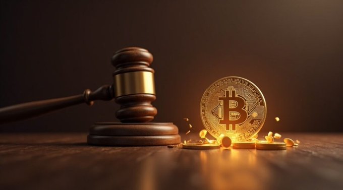 A conceptual image featuring a wooden judge's gavel next to a golden Bitcoin coin and scattered gold coins on a dark wooden surface, symbolizing cryptocurrency regulation.