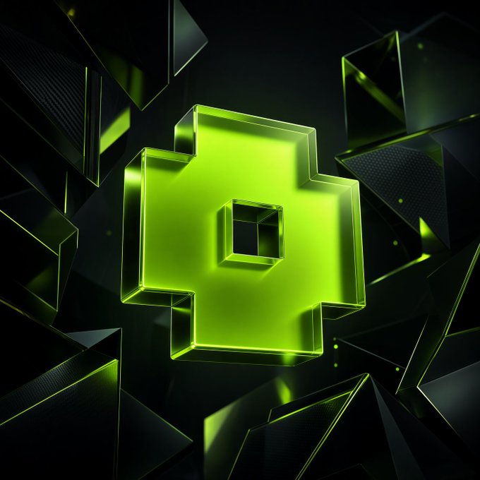 A glowing green 3D geometric shape resembling a plus sign or Tetris piece is surrounded by dark angular objects.