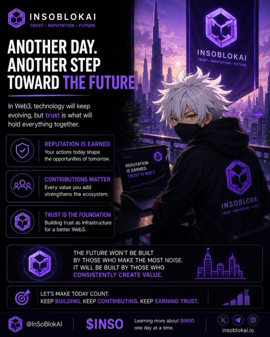 Promotional poster for 'INSOBLOKAI' cryptocurrency/Web3 project featuring an anime-style character with white hair and a face mask, displaying their $INSO token.
