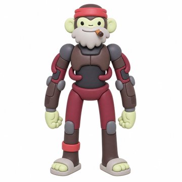 A 3D render of a robotic monkey character wearing a red headband, smoking a cigar, and featuring a metallic red and grey body design.