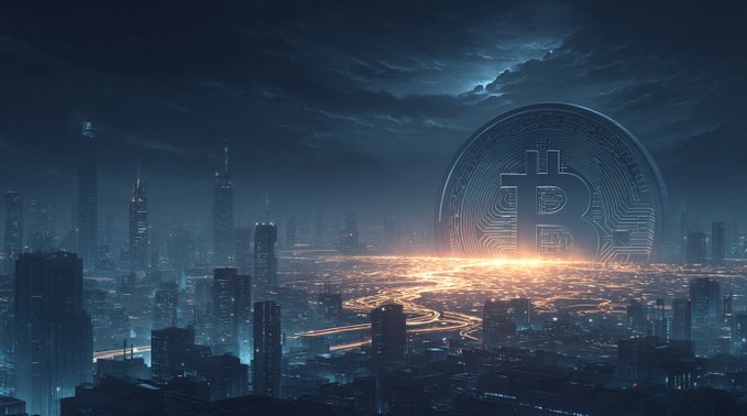A dark, atmospheric digital artwork of a nighttime cityscape with a giant glowing Bitcoin symbol dominating the sky above the urban landscape.