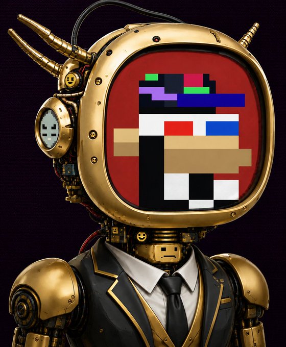 A digital illustration of a gold robotic figure in a black suit and tie, featuring a TV-like head displaying a pixelated face with smiley faces on its mechanical body.