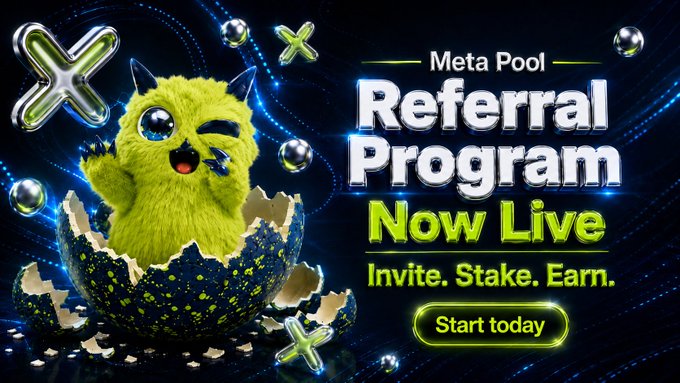 The image features a green monster with two horns sitting inside an eggshell against a dark blue background, surrounded by various metallic elements such as coins and stars. The text on the image reads "Weekend plan? Start earning with referrals Share your unique referral link and start earning XP, points, and tickets for upcoming rewards".