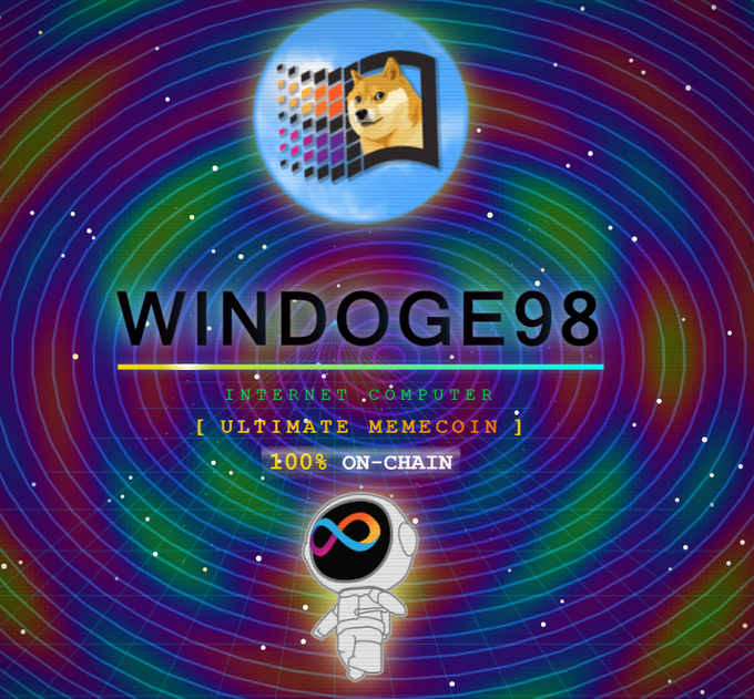 A promotional graphic for 'WINDOGE98' featuring a Shiba Inu dog with a Windows logo, labeled 'INTERNET COMPUTER [ULTIMATE MEMECOIN] 100% ON-CHAIN' with an astronaut mascot.