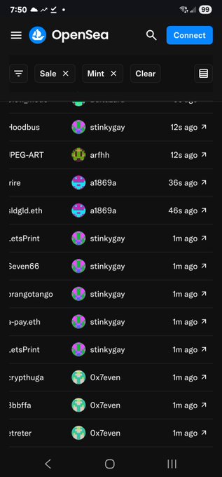 A screenshot of the OpenSea app showing a dark-themed activity feed with usernames like "stinkygay" and "0x7even" and timestamps.
