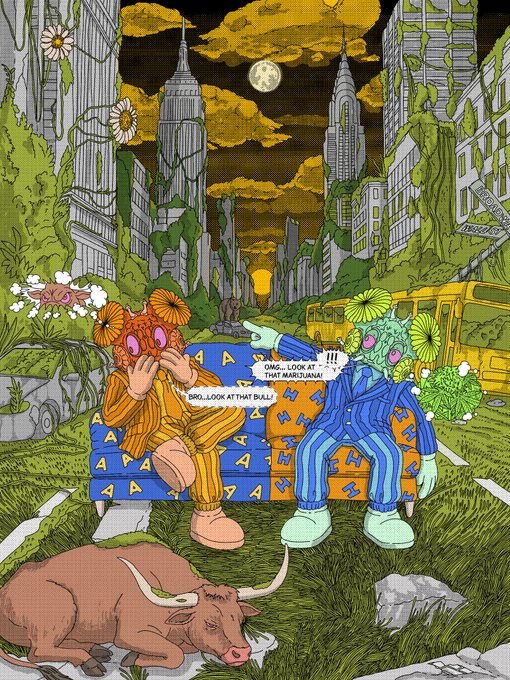 Stylized illustration of two flower-headed figures in matching orange and blue striped outfits sitting on a floral couch, with speech bubbles reading 'OMG... LOOK AT THAT MARIJUANA!!!' and 'BRO, LOOK AT THAT BULL!', while a brown bull sleeps on the grass in the foreground.