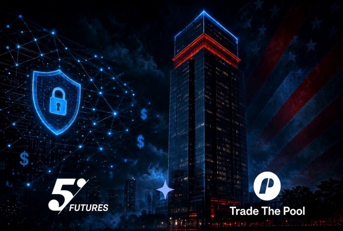 A promotional graphic featuring a glowing skyscraper against a night sky with an American flag motif, displaying logos for '5% FUTURES' and 'Trade The Pool' alongside a digital security padlock icon.
