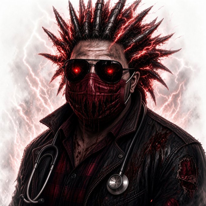 A stylized, cinematic portrait of a figure wearing spiked hair with red lightning effects, a dark face mask, and sunglasses reflecting red light. The image uses an edgy, high-contrast aesthetic to likely represent a bold or disruptive persona within the crypto community context provided.