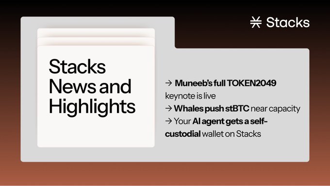 A Stacks news graphic titled “Stacks News and Highlights” lists: “Muneeb’s full TOKEN2049 keynote is live,” “Whales push stBTC near capacity,” and “Your AI agent gets a self-custodial wallet on Stacks.”