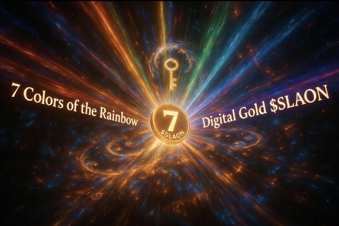 The image displays a cosmic, rainbow-colored explosion of light radiating outward from a central glowing golden coin marked with a "7" and "$SLAON," accompanied by a floating golden key and the texts "7 Colors of the Rainbow" and "Digital Gold $SLAON." It visually represents the post's concept of the 7 colors as layers of consciousness, linking the number 7, the rainbow spectrum, and the $SLAON digital token as a symbolic "key" to unlocking hidden spiritual knowledge.