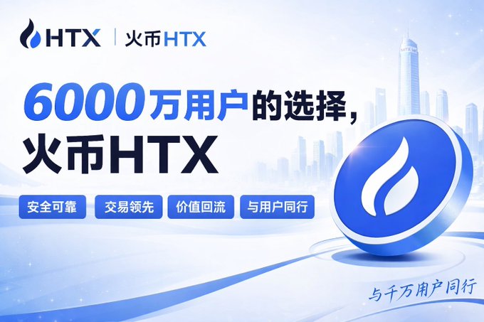 An advertisement for 'HTX 火币HTX' cryptocurrency exchange, proclaiming '6000万用户的选择' (60 million users' choice) with tags like '安全可靠' (safe and reliable) and '交易领先' (leading in trading) against a futuristic cityscape.