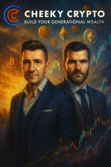 A promotional graphic for 'CHEEKY CRYPTO' with the tagline 'BUILD YOUR GENERATIONAL WEALTH', featuring two men in suits against a backdrop of cryptocurrency coins (Bitcoin, Ethereum) and candlestick trading charts.