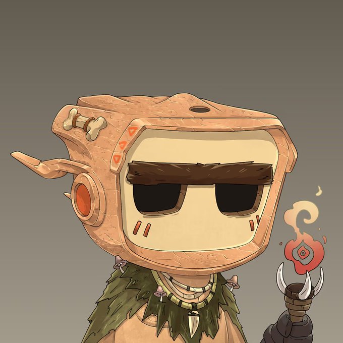 A cartoon character wears a bone-adorned wooden helmet and holds a staff topped with a flame, featuring a stoic expression.