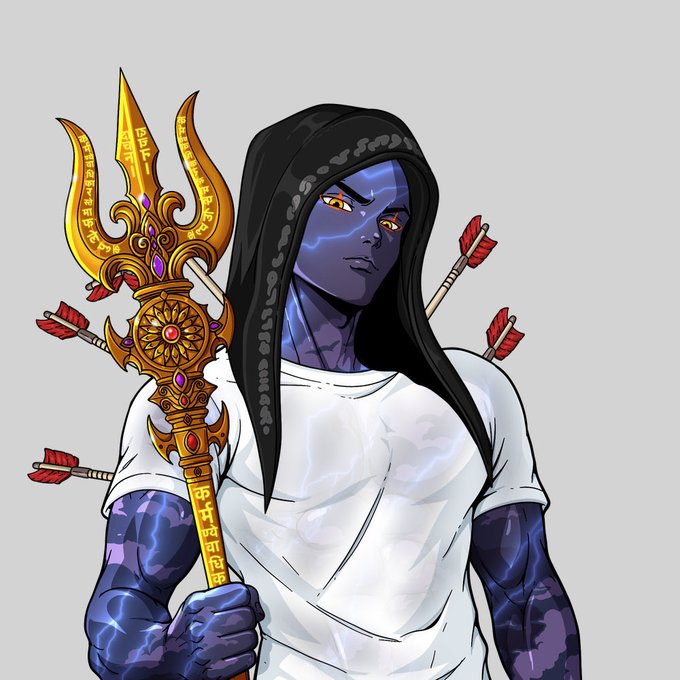 Digital illustration of a blue-skinned character with yellow eyes and a black hood, holding a golden trident-like staff with arrows piercing them, while wearing a white shirt.