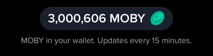 A crypto wallet display showing a balance of 3,000,606 MOBY tokens with text "MOBY in your wallet. Updates every 15 minutes."