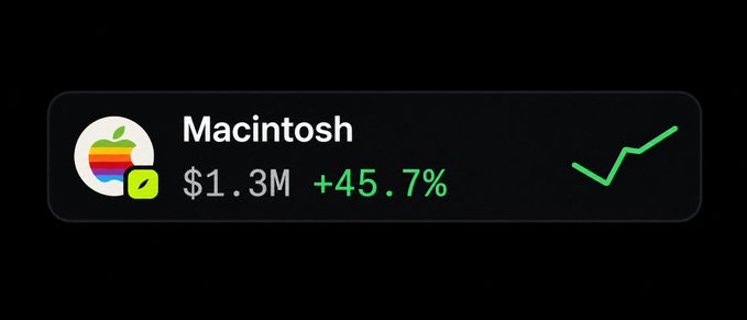 A dark interface card showing 'Macintosh' with a market cap of $1.3M, a +45.7% gain, and a green upward trending line graph.