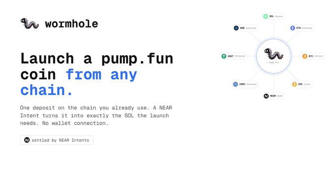 A promotional graphic for Wormhole featuring the headline "Launch a pump.fun coin from any chain," illustrating cross-chain token launches from SOL, ETH, BTC, ZEC, ARB, USDC, and USDT into pump.fun, settled by NEAR Intents. The image aligns with the post about using NEAR Protocol Intents to launch pump.fun coins cross-chain via wormholeliq.tech.