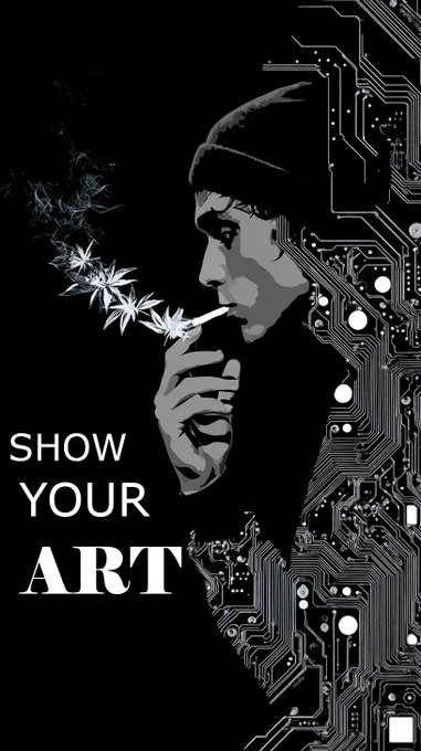 A black and white stylized illustration of a person wearing a beanie smoking a joint made of cannabis leaves, with circuit board patterns forming the background and 'SHOW YOUR ART' text displayed in the lower left.