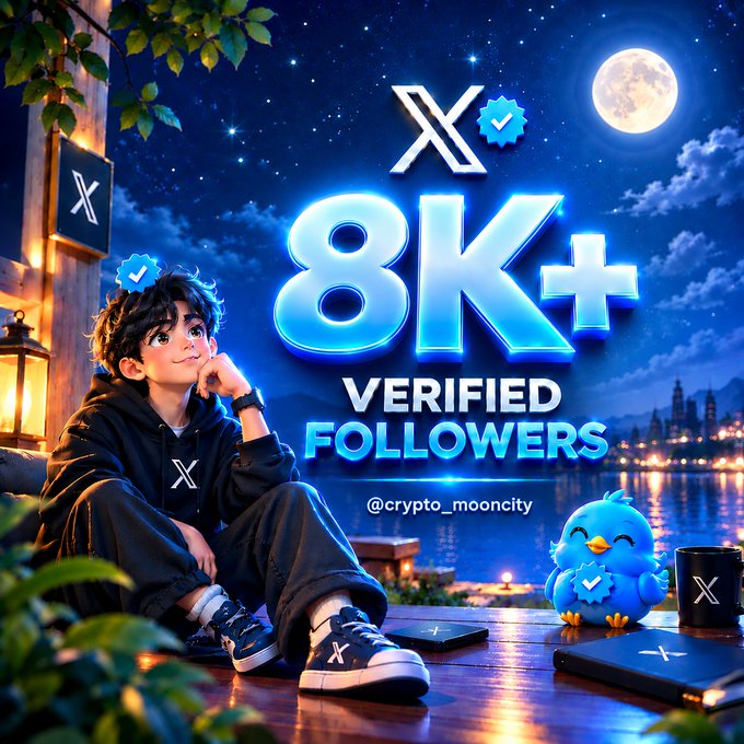A stylized illustration of a young person in an X-branded hoodie sitting under a moonlit sky with glowing text reading "8K+ VERIFIED FOLLOWERS @crypto_mooncity" alongside a blue Twitter bird mascot.