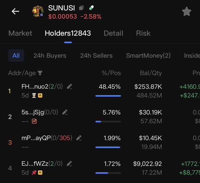 The image displays a "Holders" tab for the SUNUSI token, showing the top holder "FH...nuo2" controls 48.45% of the supply (484.52M tokens, $253.87K) — directly supporting the post's claim about the 48.4% dev wallet concentration.