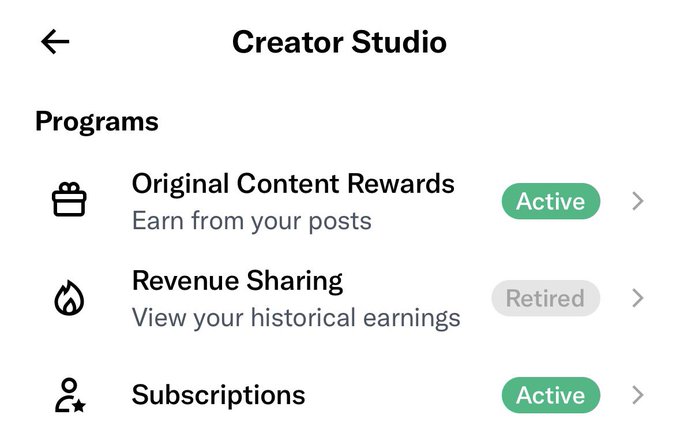 A screenshot of a "Creator Studio" Programs page showing three options: Original Content Rewards (Active), Revenue Sharing (Retired), and Subscriptions (Active). The image highlights the user's active participation in the Original Content Rewards program, aligning with their post celebrating enrollment.