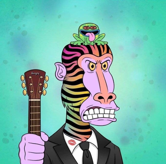 A cartoon zebra-headed character in a black suit and tie holds up a guitar with "Hangry" written on its headstock, while a small green frog with its tongue sticking out sits atop its rainbow-striped head. A red lipstick kiss mark is visible on the character's white shirt, matching the "HangryBarboons" NFT collection referenced in the post about a 335 $HBAR purchase.