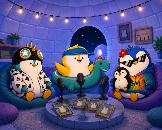 A colorful illustration shows three cartoon penguins relaxing on a couch in an igloo-like room decorated with string lights and penguin photos, with microphones set up in front of them.