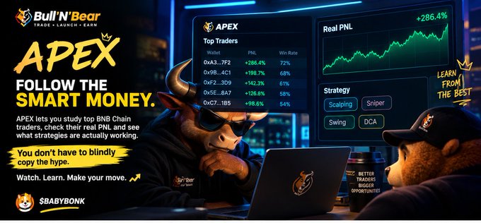 A promotional banner for "Bull N' Bear - APEX" featuring the tagline "FOLLOW THE SMART MONEY" and explaining that APEX lets users study top BNB Chain traders, check PNL, and view strategies like Scalping, Sniper, Swing, and DCA, with the handle @BABYBONK.