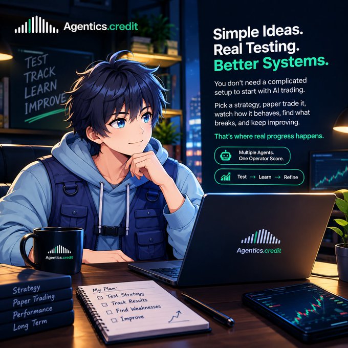An advertisement for 'Agentics.credit' featuring an anime-style character at a laptop, with the tagline 'Simple Ideas. Real Testing. Better Systems.' promoting AI trading with test, learn, and refine features.