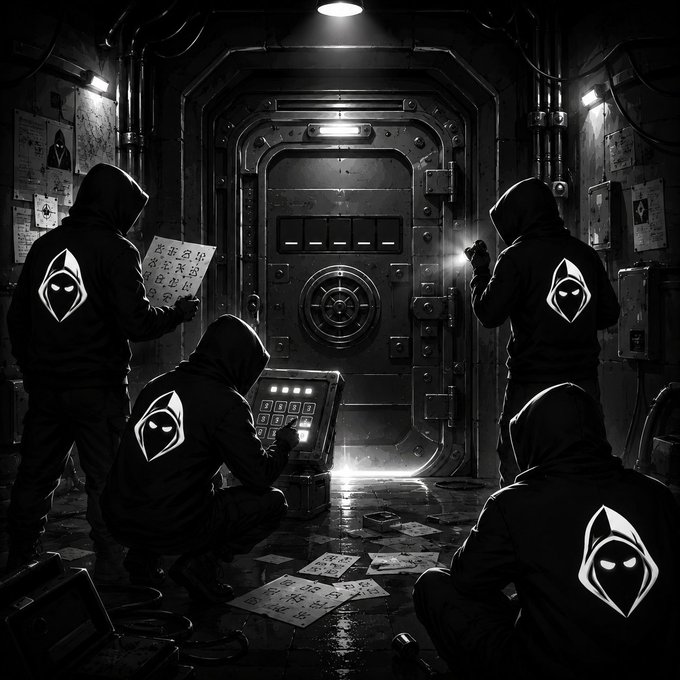 Four shadowy figures in hooded jackets bearing a hooded emblem gather around a heavy vault door, working to decode a keypad while illuminated by a single overhead light, with scattered papers of cryptic characters on the floor—matching the post's "Day #6 Of the HOOD Hunt: Crack the Code and Open the Door to Day 7."