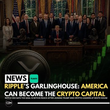 The image features Brad Garlinghouse (referenced in the post as @bgarlinghouse) alongside Trump and crypto industry leaders in the Oval Office, with overlaid text reading "RIPPLE'S GARLINGHOUSE: AMERICA CAN BECOME THE CRYPTO CAPITAL" and the ticker "XRP," along with a KASPA-branded News logo, contextualizing his statement about advancing the U.S. as a crypto hub.