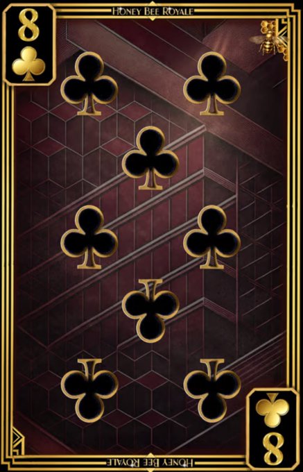 An ornately designed playing card showing the 8 of Clubs from the 'Honey Bee Royale' deck, featuring a luxurious dark red background with gold detailing and a bee emblem.