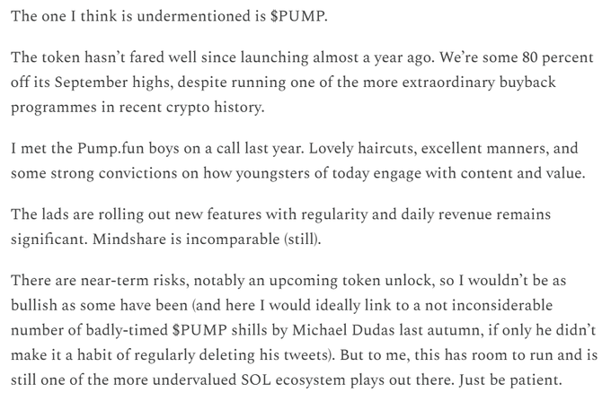 A text excerpt discussing $PUMP token, noting it's 80% off September highs despite a major buyback program, with bullish sentiment from a call with the Pump.fun team, while acknowledging near-term token unlock risks—preceding a post celebrating a 50%+ gain on the same token.