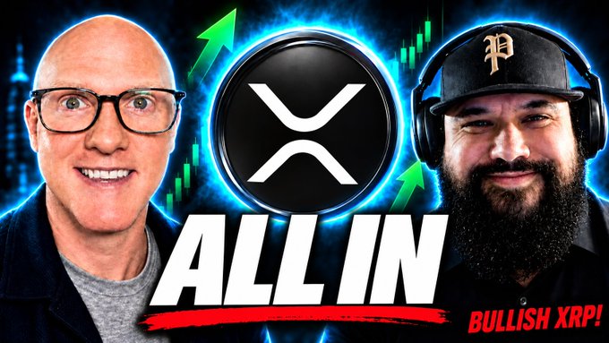 A YouTube thumbnail for the 'ALL IN' podcast featuring a bald man with glasses on the left and a bearded man wearing an 'P' cap on the right, flanking a large XRP logo with green up-arrows. Text reads 'BULLISH XRP!'
