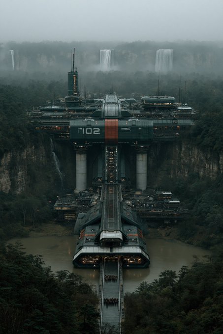 A dark, atmospheric sci-fi illustration of a massive futuristic spaceport or outpost labeled '7102' built into a misty cliffside with waterfalls and a landing strip extending downward.