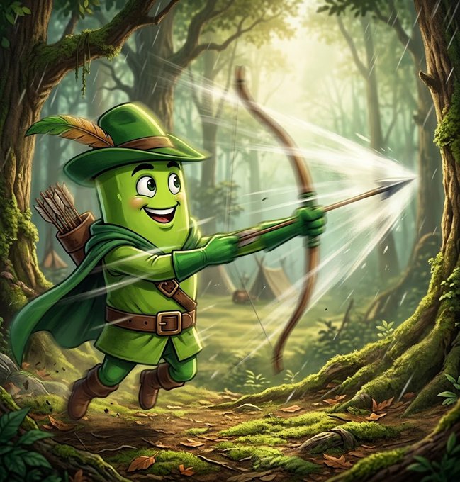 A colorful cartoon illustration of an anthropomorphic green capsule character wearing a Robin Hood-style hat with a feather and cape, joyfully firing an arrow from a bow in a mossy forest.