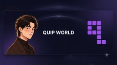A digital banner featuring an anime character illustration alongside the text 'QUIP WORLD' and a purple grid logo on a dark background.