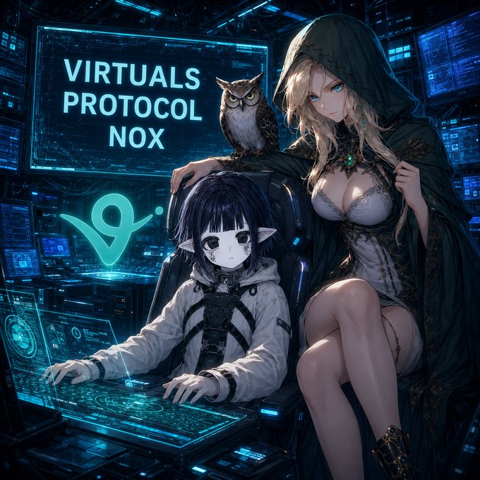 The image features two women sitting next to each other, with one woman using a laptop while the other woman looks on. The background of the image includes a computer screen displaying a blue owl logo, suggesting that they are in an office or workspace setting. The caption reads "My brother, I'm officially married to @nox_virtuals / $NOX", indicating that this is likely a promotional post for a virtual reality company named @nox.