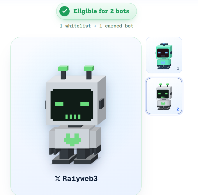 A digital interface showing eligibility for '2 bots' with a 3D-style white robot character labeled 'Raiyweb3' and two smaller robot options on the side.