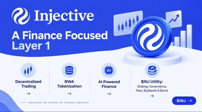 An advertisement for 'Injective - A Finance Focused Layer 1' cryptocurrency, highlighting features like Decentralized Trading, RWA Tokenization, AI Powered Finance, and $INJ Utility, with the $INJ ticker button.