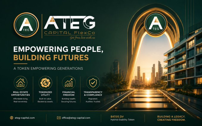 A promotional graphic for 'ATEG CAPITAL FLEXCO' with the tagline 'EMPOWERING PEOPLE, BUILDING FUTURES' and 'A TOKEN EMPOWERING GENERATIONS', featuring sections for Real Estate Opportunities, Tokenized Utility, Financial Freedom, and Transparency & Compliance, alongside a futuristic cityscape with a golden arch; contact info includes ateg-capital.com, office@ateg-capital.com, and the ticker $ATEG.DV.