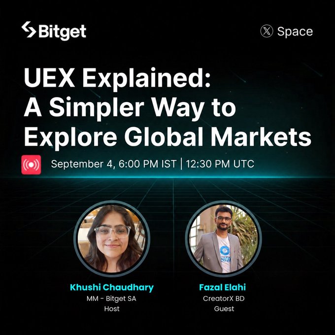 Promotional graphic for a Bitget X Space event titled 'UEX Explained: A Simpler Way to Explore Global Markets' on September 4, hosted by Khushi Chaudhary with guest Fazal Elahi.
