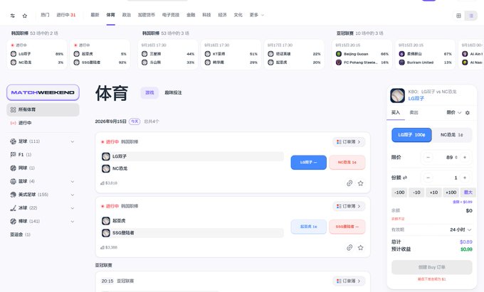 A screenshot of the Predict.fun platform displaying sports betting markets, featuring matches including KBO baseball with KBO Tigers vs NC Dinos showing "Lotto 7 1.00x" and "NC Dinos 16x" odds, alongside another match with SSG vs SSO showing "3,000" predicted wins. The interface includes navigation tabs for sports like basketball (NBA 111), football (111), baseball (4), and esports (155), with betting options and a 9/15 6:42 timestamp, illustrating the prediction market gameplay mentioned in the post.