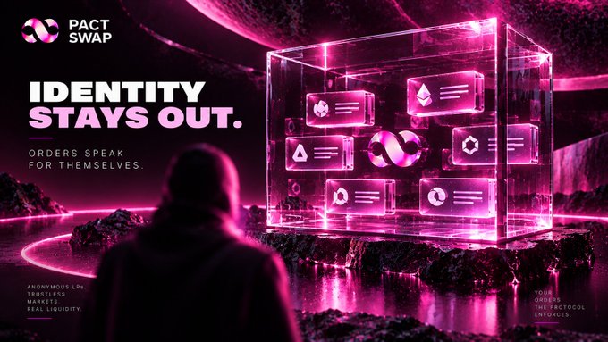 A promotional graphic for 'PACT SWAP' featuring the tagline 'IDENTITY STAYS OUT. ORDERS SPEAK FOR THEMSELVES.' alongside a glowing pink cube displaying various crypto and DeFi icons, with a silhouette of a person looking at it.